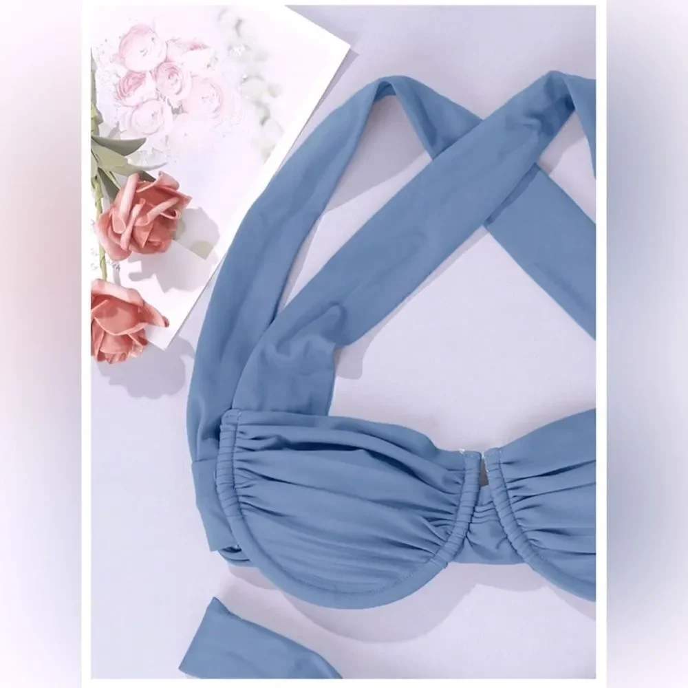 NWT Hilinker Blue Ruched Bikini Criss Cross Back High Cut Swimsuit Set Sz M